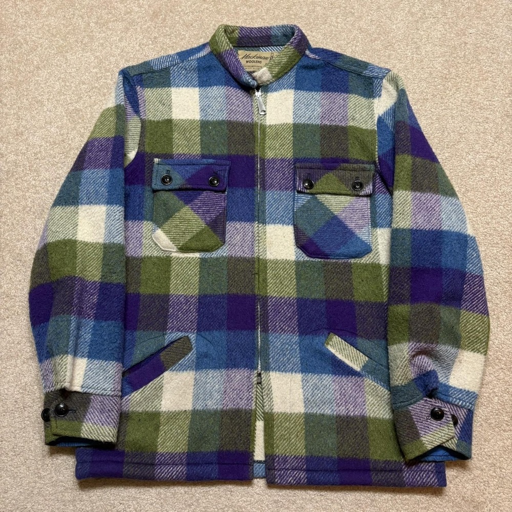 Vtg 60s Mackinaw Woolens Jacket Men Medium Blue Green Plaid Wool Hunting Outdoor